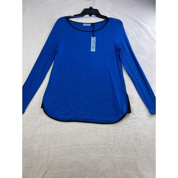 Cynthia Blue Long Sleeve Blouse Size S Lightweight Top Black Trim NWT - Picture 1 of 8